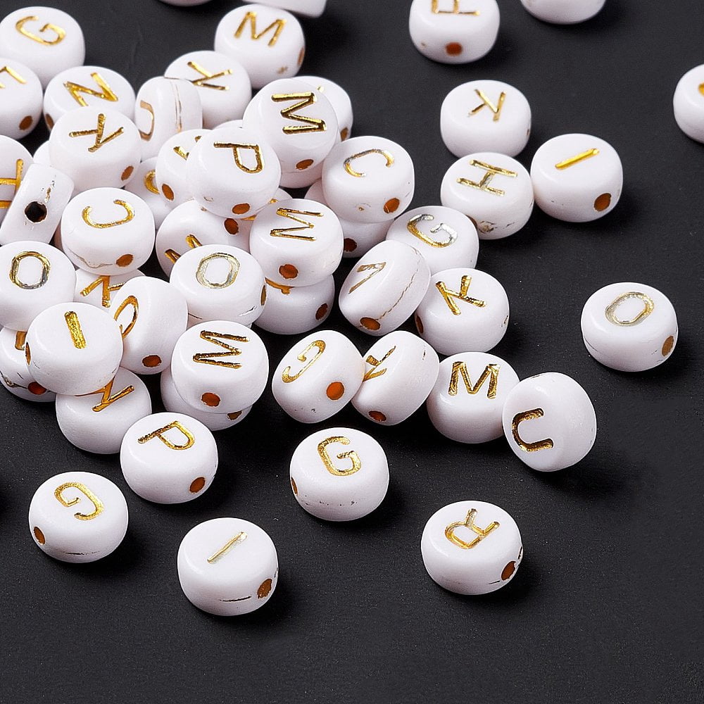 Plating Acrylic Beads Golden Metal Enlaced Horizontal Hole Flat Round with Alphabet White Random Mixed Letters 7x3.5mm Hole: 1.2mm