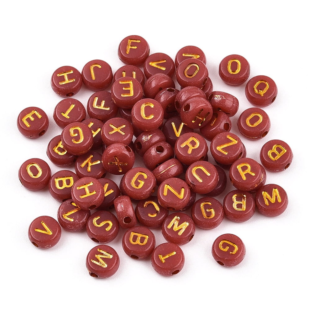 Plating Acrylic Beads Golden Metal Enlaced Horizontal Hole Flat Round with Letter Chocolate 6.5~7x3.5~4mm Hole: 1.6mm about 3600g/500g