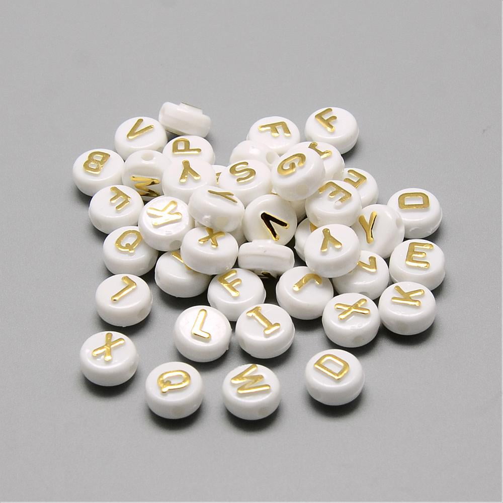 Plating Acrylic Beads Golden Metal Enlaced Horizontal Hole Mixed Letters Flat Round Gold 9.5~10x6mm Hole: 2mm about 1532pcs/500g