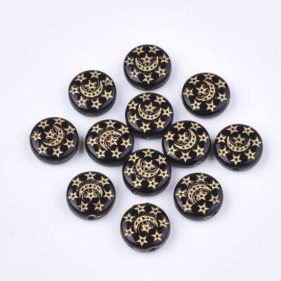 Plating Acrylic Beads Metal Enlaced Flat Round with Moon & Star Black 13x5mm Hole: 1.5mm