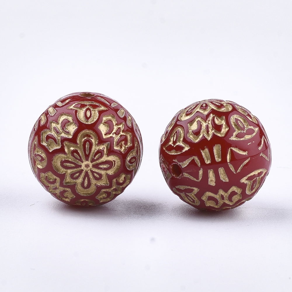 Plating Acrylic Beads Metal Enlaced Round with Flower Red 13.5~14mm Hole: 1.5mm about 325pcs/500g