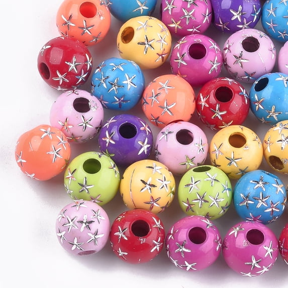 Plating Acrylic Beads Metal Enlaced Round with Star Mixed Color 12x11mm Hole: 4mm about 550pcs/500g