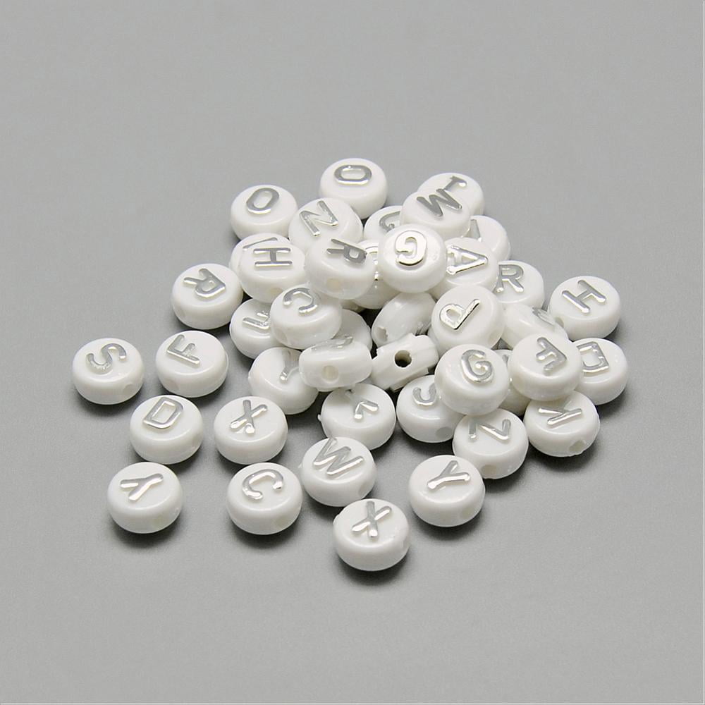 Plating Acrylic Beads Silver Metal Enlaced Horizontal Hole Mixed Letters Flat Round Silver 9.5~10x6mm Hole: 2mm 1532pcs/500g