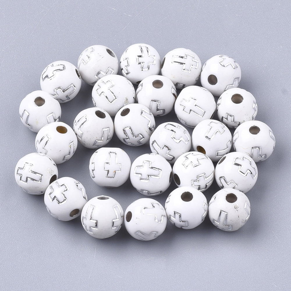 Plating Acrylic Beads Silver Metal Enlaced Round with White 8mm Hole: 2mm 1800pcs/500g