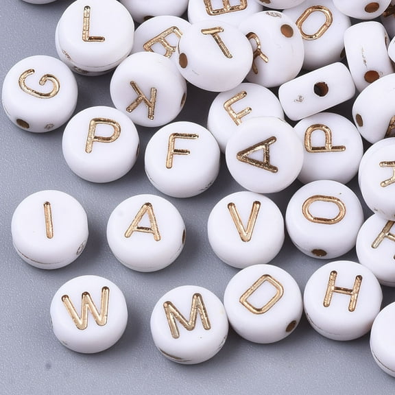 Plating Acrylic Beads for Name Bracelets Jewelry Making Metal Enlaced Horizontal Hole Alphabet Style Light Gold Plated White 7x4mm Hole: 1.2~1.5mm