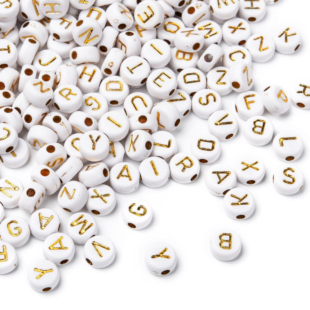 Plating Acrylic Beads for Name Bracelets Jewelry Making Metal Enlaced Horizontal Hole Mixed Letters Flat Round Golden Plated 7x4mm