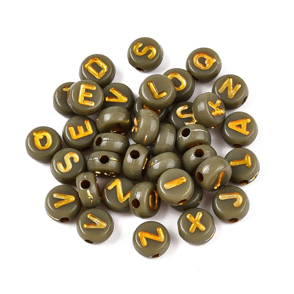 Plating Acrylic Beads with Metal Enlaced Flat Round with Letter Dark Khaki 7x4mm Hole: 1.6mm about 3330pcs/500g
