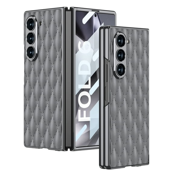 Plating Case for Samsung Galaxy Z Fold 6, with Front Built-in Screen Protector PU Leather + Hard PC Shell Ultra Thin Slim Durable Protective Phone Case Cover for Samsung Galaxy Z Fold 6 5G, Gray