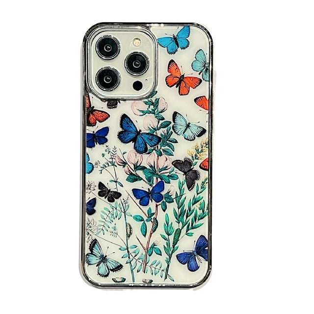 Plating Case for iPhone 14 Pro Max, Floral Butterfly Pattern Transparent Cover, Hybrid Rugged PC + TPU Shockproof Non-Slip Protective Case for iPhone 14 Pro Max,Pattern-C