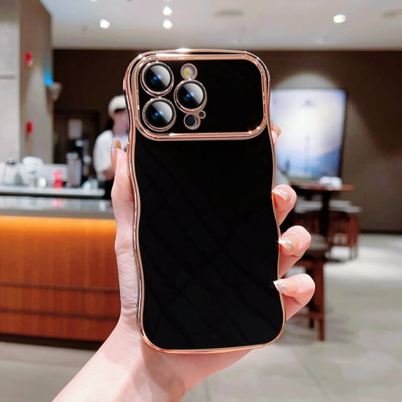 Plating Case for iPhone 15, Fashion Slim Electroplate Wave Edge Bumper Case with Full Camera Lens Protector Solid Color Reinforced Corners Shockproof Cover for iPhone 15, Black