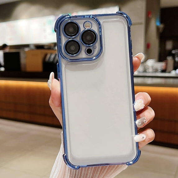 Plating Case for iPhone 15 Pro 6.1 inch, Clear TPU Back Cute Luxury Frame Transparent with Camera Lens Protector Slim Thin Lightweight Phone Cover for Apple iPhone 15 Pro, Blue