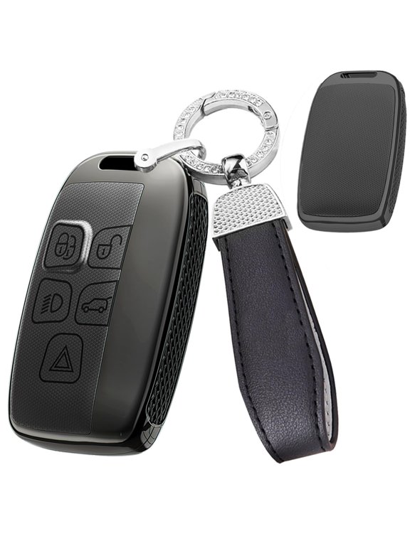 Plating Diamond Pattern Smart Key Fob Cover Compatible with Land rover Fit for Range Rover Evoque Sport Velar Fit for Jaguar F-Pace F-Type XE XF XJ Keyless Key Shell with Leather Keychain
