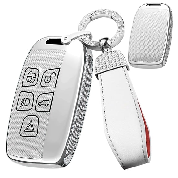 Plating Diamond Pattern Smart Key Fob Cover Compatible with Land rover Fit for Range Rover Evoque Sport Velar Fit for Jaguar F-Pace F-Type XE XF XJ Keyless Key Shell with Leather Keychain