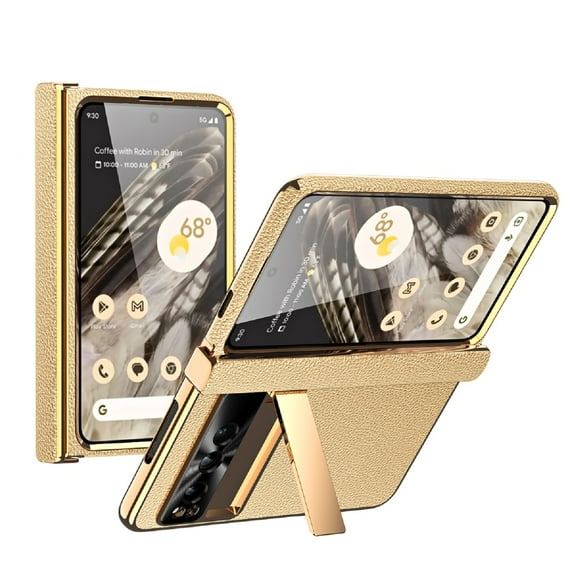 Plating Folding Case for Google Pixel Fold, Hidden Kickstand Magnetic Hinge Protection Cover with Tempered Glass Screen Film Premium PU Leather Shockproof Case for Google Pixel Fold,Gold