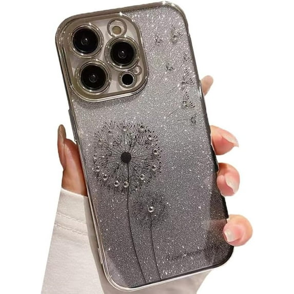 Plating Gradient Glitter Dandelion Bling Diamond Soft Case for iPhone Compatible with iPhone 14 Pro, Silver