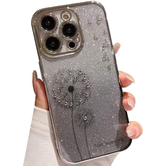 Plating Gradient Glitter Dandelion Bling Diamond Soft Case for iPhone Compatible with iPhone 14, Silver