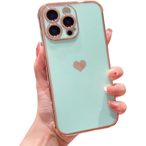 Plating Heart Laser Aurora Matte Case for iPhone 17/16/15/14 Pro Max, Shockproof Non-Slip Slim Grip Cover with Rose Gold Heart Design