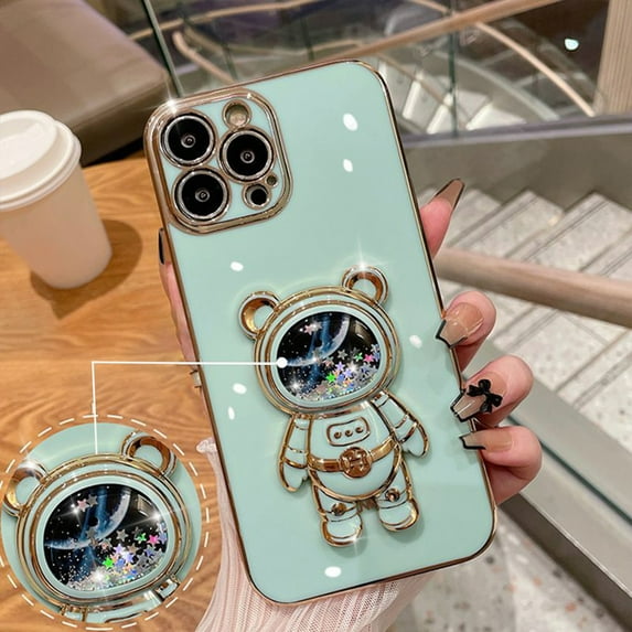 Plating Hidden Stand Case Compatible with iPhone 14 Pro Max with Kickstand Cute Bear Glitter Shockproof Case-Green