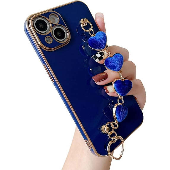 Plating Love Heart Wrist Strap Chain Bracelet Soft Compatible with iPhone Case for Women Girls (Blue,iPhone 13 Pro Max)