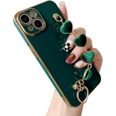 Plating Love Heart Wrist Strap Chain Bracelet Soft Compatible with iPhone Case for Women Girls (Green,iPhone Xs Max)