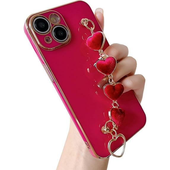 Plating Love Heart Wrist Strap Chain Bracelet Soft Compatible with iPhone Case for Women Girls (Red,iPhone 11 Pro Max)