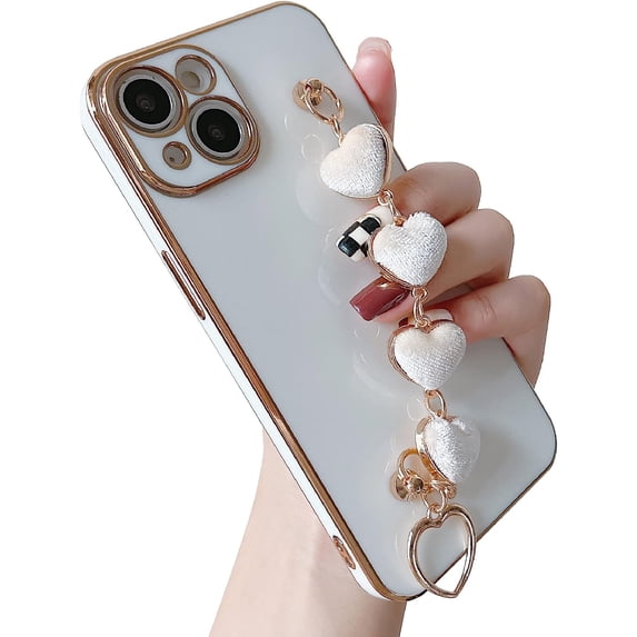 Plating Love Heart Wrist Strap Chain Bracelet Soft Compatible with iPhone Case for Women Girls (White,iPhone 14 Plus)