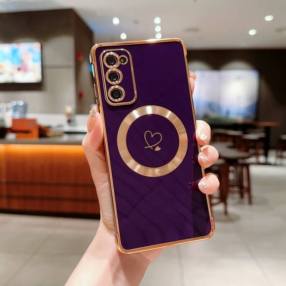 Plating Magnetic Case for Samsung Galaxy S20 FE, Compatible with MagSafe Wireless Charging Slim Lightweight Cover, Fashion Cute Love Hearts Pattern Lens Protection Case for Girls Women,Darkpurple