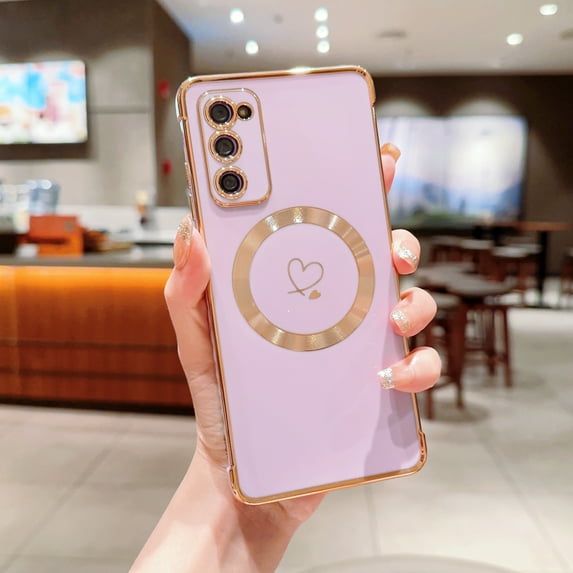 Plating Magnetic Case for Samsung Galaxy S20 FE, Compatible with MagSafe Wireless Charging Slim Lightweight Cover, Fashion Cute Love Hearts Pattern Lens Protection Case for Girls Women,Purple