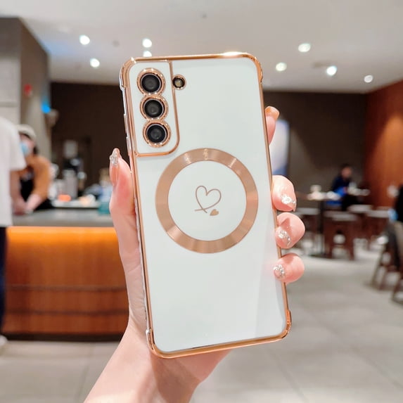 Plating Magnetic Case for Samsung Galaxy S21 FE, Compatible with MagSafe Wireless Charging Slim Lightweight Cover, Fashion Cute Love Hearts Pattern Lens Protection Case for Girls Women,White