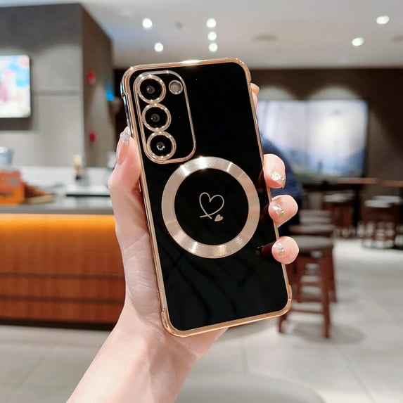 Plating Magnetic Case for Samsung Galaxy S22 Plus, Compatible with MagSafe Wireless Charging Slim Lightweight Cover, Fashion Cute Love Hearts Pattern Lens Protection Case for Girls Women,Black