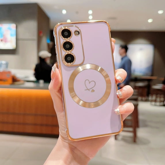 Plating Magnetic Case for Samsung Galaxy S23, Compatible with MagSafe Wireless Charging Slim Lightweight Cover, Fashion Cute Love Hearts Pattern Lens Protection Case for Girls Women,Purple