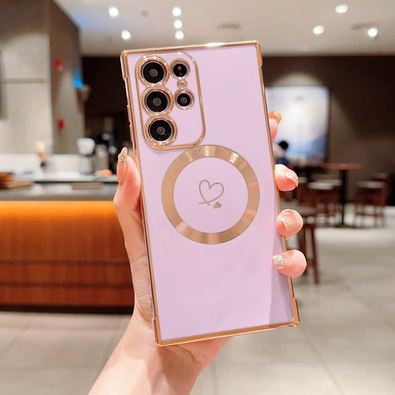 Plating Magnetic Case for Samsung Galaxy S23 Ultra, Compatible with MagSafe Wireless Charging Slim Lightweight Cover, Fashion Cute Love Hearts Pattern Lens Protection Case for Girls Women,Purple