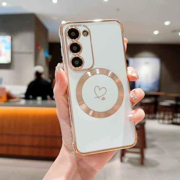 Plating Magnetic Case for Samsung Galaxy S24 Plus, Compatible with MagSafe Slim Lightweight Cover, Fashion Cute Love Hearts Pattern Lens Protection Case for Galaxy S24 Plus Girls Women, White