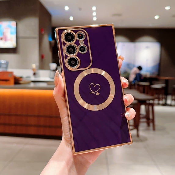 Plating Magnetic Case for Samsung Galaxy S24 Ultra, Compatible with MagSafe Slim Lightweight Cover, Fashion Cute Love Hearts Pattern Lens Protection Case for Galaxy S24 Ultra Girls Women, Darkpurple