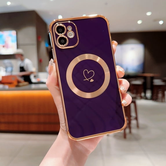 Plating Magnetic Case for iPhone 11, Compatible with MagSafe Wireless Charging Slim Lightweight Cover, Fashion Cute Love Hearts Pattern Lens Protection Case for Girls Women,Darkpurple