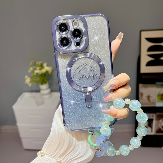 Plating Magnetic Case for iPhone 13 Pro Max with Phone Charm Chain Compatible with MagSafe, Elegant Glitter Paper Soft TPU Phone Case for iPhone 13 Pro Max for Women Girls 6.7" Cover - Blue