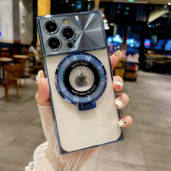 Plating Magnetic Case for iPhone 14, with Magnetic Invisible Stand Compatible with MagSafe Logo View Large Window CD Pattern for Women Men Shockproof Clear Back Cover, Blue