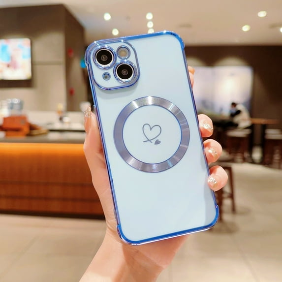 Plating Magnetic Case for iPhone 14 Plus, Compatible with MagSafe Wireless Charging Slim Lightweight Cover, Fashion Cute Love Hearts Pattern Lens Protection Case for Girls Women,Blue