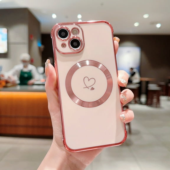 Plating Magnetic Case for iPhone 14 Plus, Compatible with MagSafe Wireless Charging Slim Lightweight Cover, Fashion Cute Love Hearts Pattern Lens Protection Case for Girls Women,Pink