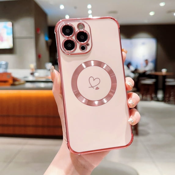 Plating Magnetic Case for iPhone 14 Pro Max, Compatible with MagSafe Wireless Charging Slim Lightweight Cover, Fashion Cute Love Hearts Pattern Lens Protection Case for Girls Women,Pink