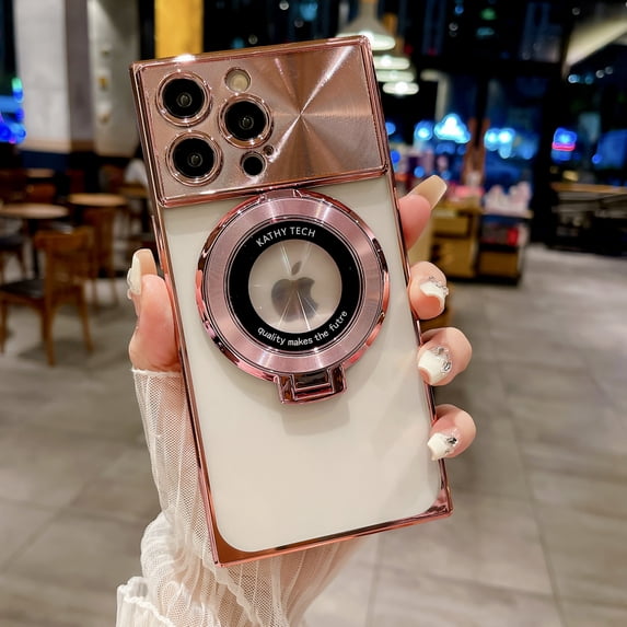 Plating Magnetic Case for iPhone 15, with Magnetic Invisible Stand Compatible with MagSafe Logo View Large Window CD Pattern for Women Men Shockproof Clear Back Cover, Pink