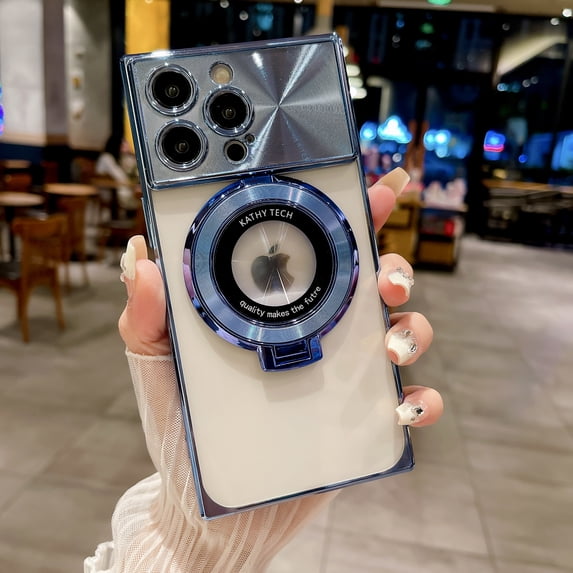 Plating Magnetic Case for iPhone 15, with Magnetic Invisible Stand Compatible with MagSafe Logo View Large Window CD Pattern for Women Men Shockproof Clear Back Cover, Blue