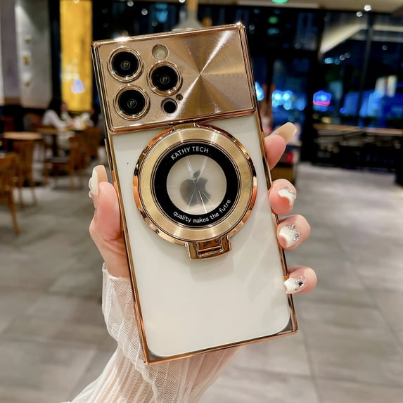 Plating Magnetic Case for iPhone 15 Plus, with Magnetic Invisible Stand Compatible with MagSafe Logo View Large Window CD Pattern for Women Men Shockproof Clear Back Cover, Gold