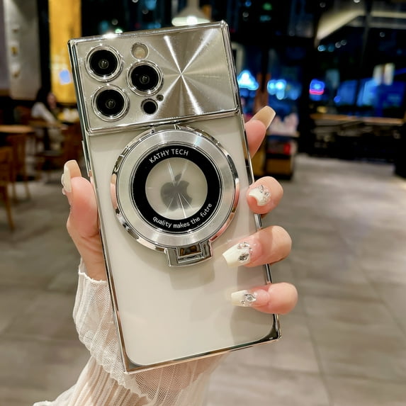 Plating Magnetic Case for iPhone 15 Pro, with Magnetic Invisible Stand Compatible with MagSafe Logo View Large Window CD Pattern for Women Men Shockproof Clear Back Cover, Silver