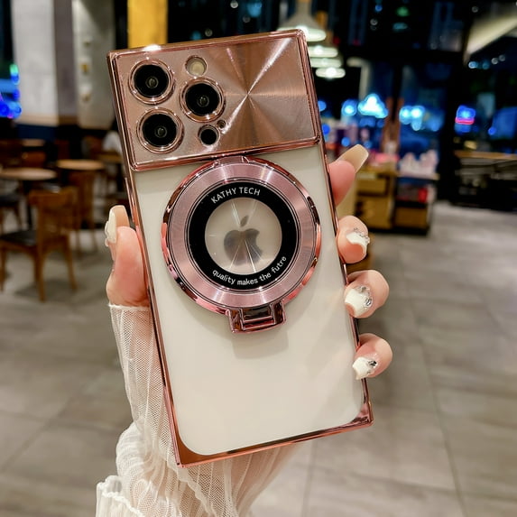 Plating Magnetic Case for iPhone 15 Pro Max, with Magnetic Invisible Stand Compatible with MagSafe Logo View Large Window CD Pattern for Women Men Shockproof Clear Back Cover, Pink