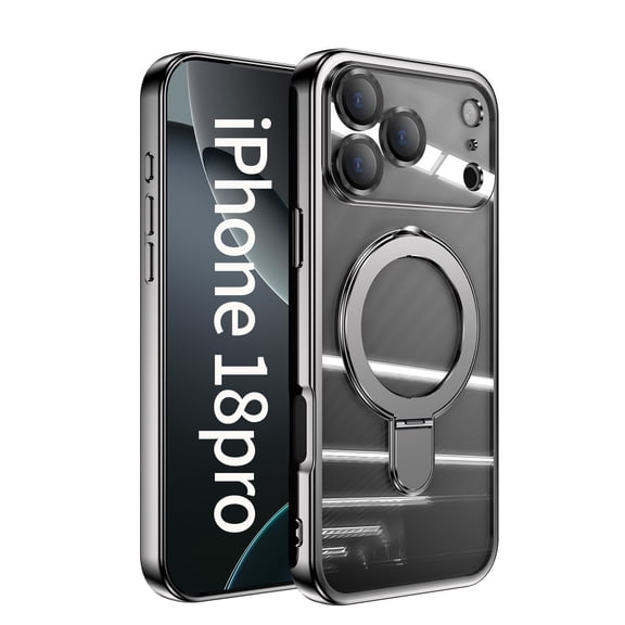 Plating Magnetic Case for iPhone 18 Pro with Invisible Stand, Compatible with MagSafe Accessory Full Lens Protector Shockproof Rotating Ring Holder Cover, Gray