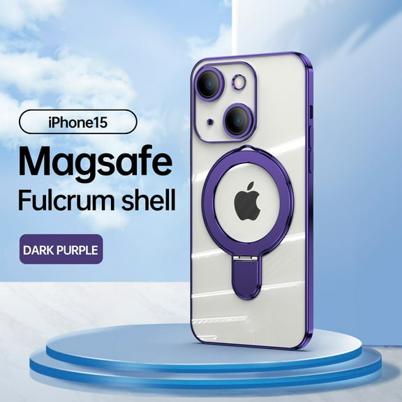 Plating Magnetic Shockproof for iPhone 15 Case, [Compatible with MagSafe] With Lens Film Built-in Foldable Stand Slim Yet Protective Phone Case Cover for iPhone 15, Darkpurple