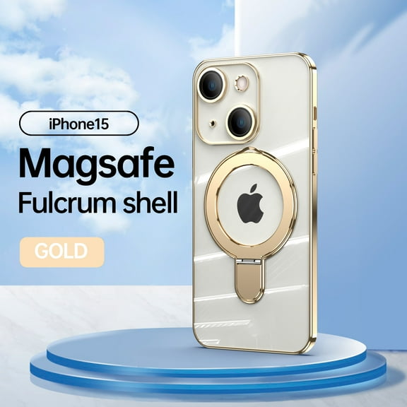 Plating Magnetic Shockproof for iPhone 15 Case, [Compatible with MagSafe] With Lens Film Built-in Foldable Stand Slim Yet Protective Phone Case Cover for iPhone 15, Gold