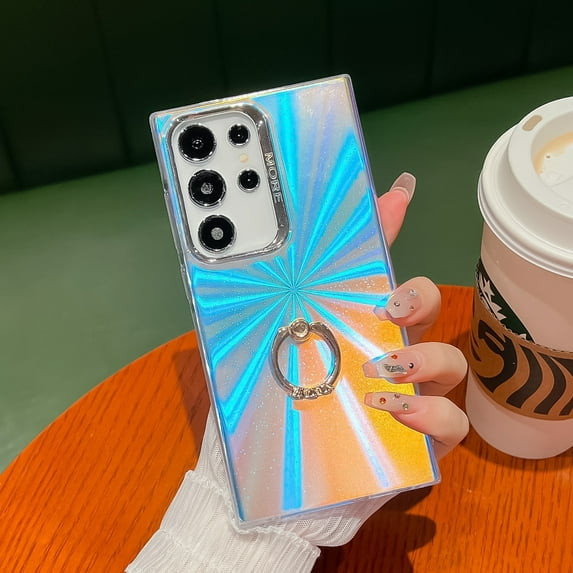 Plating Matte with Ring Stand Holder for Samsung Galaxy A15 Case for Women Girls, Luxury Laser Hard PC Back with Soft TPU Edge Ultra Slim Protective Case Cover for Samsung Galaxy A15 - B