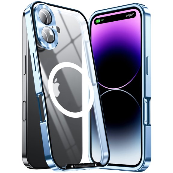 Plating Matte for iPhone 16 Case, [Drop Protection] [Anti-Fingerprint] Silky Touch Hard PC Back with Non-Slip Metal Edge, Shockproof Case for iPhone 16, Blue
